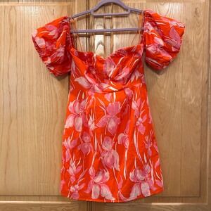 Vestique Orange Floral Print Mini Dress Puff Sleeve Sweetheart Neck Women's S